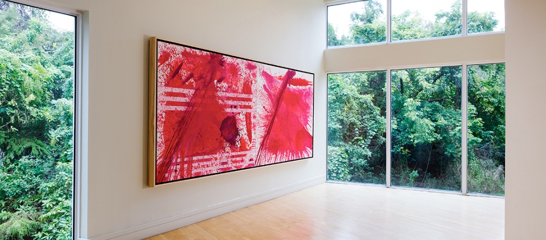 J. Steven Manolis, Red abstract wall art, Redworld party installation at the Coral Springs Art Musuem