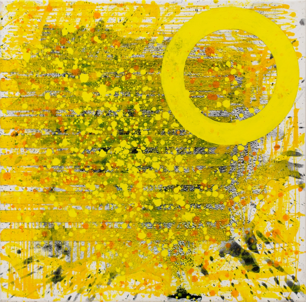 JSM, Sunshine (The Light after the Darkness)24.24.02, 2020, acrylic on canvas, 24 x 24 inches, Sunshine art, Yellow Abstract Art for Sale at Manolis Projects Art Gallery, Miami Fl
