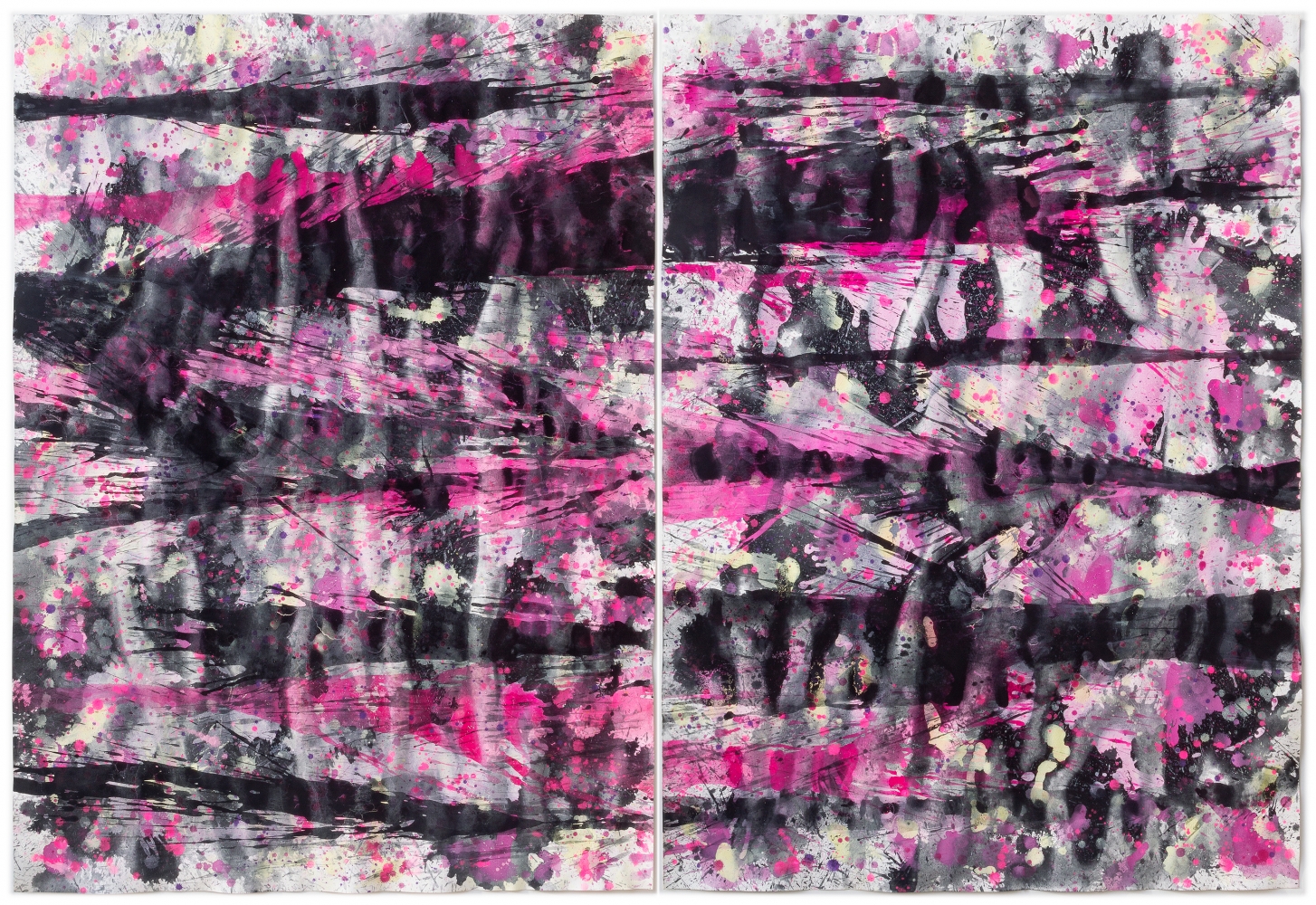 J. Steven Manolis-Flamingo 2014.02, gouache and watercolor painting on paper, 60 x 88 inches (2 panels 60 x 44 inches each), Pink Abstract Art, Tropical Watercolor paintings for sale at Manolis Projects Art Gallery, Miami, Fl