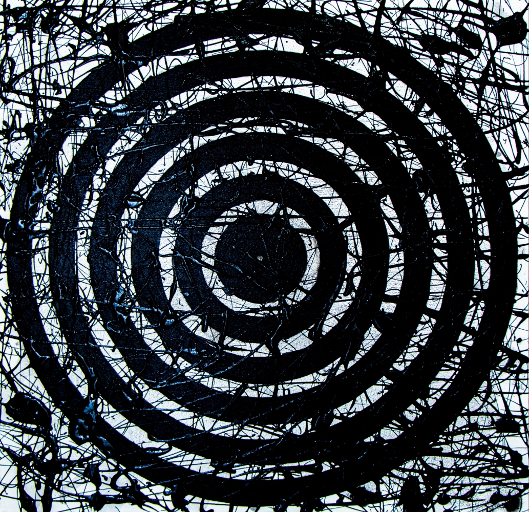 J. Steven Manolis,  Black & White Concentric 2020, 30 x 30 inches, Acrylic and Latex Enamel on Canvas, Black and White Abstract painting, Abstract expressionism art for sale at Manolis Projects Art Gallery, Miami, Fl