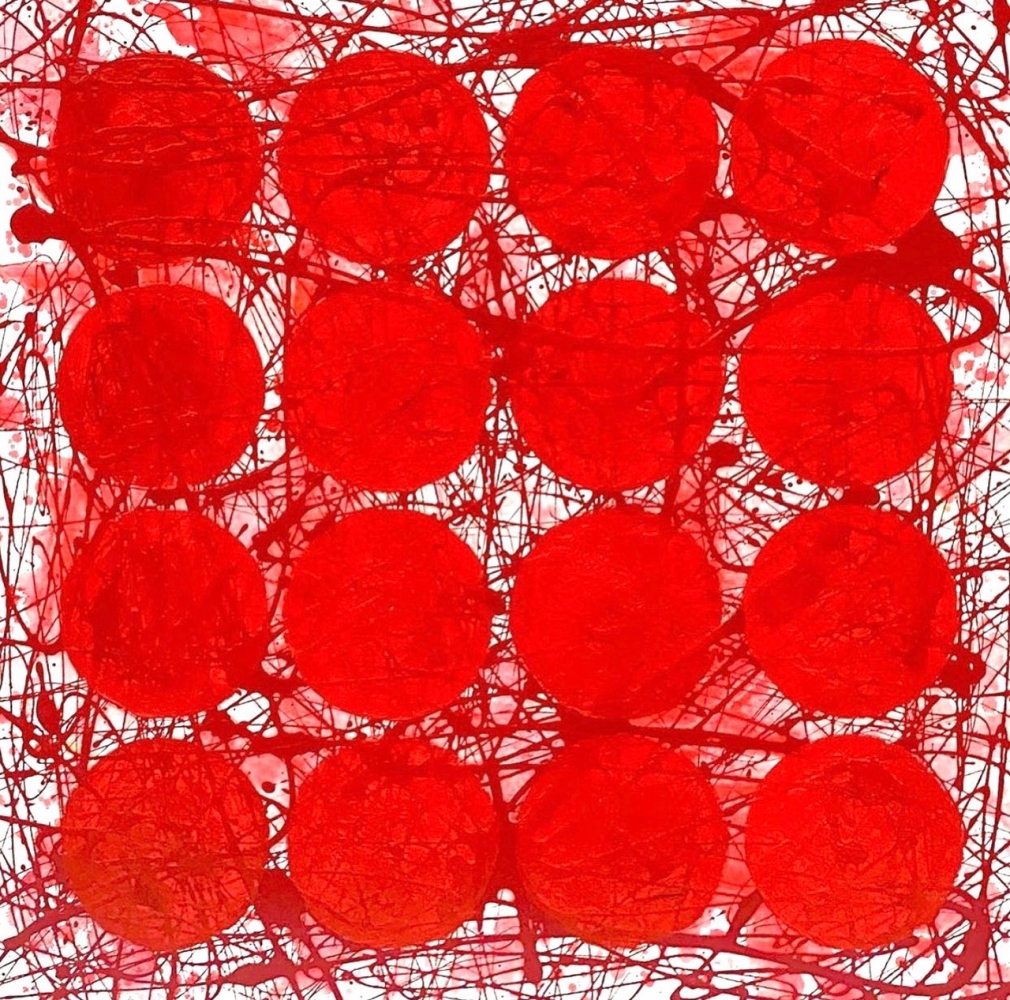 J. Steven Manolis, REDWORLD (Ferrari), 2020, Acrylic and Latex enamel on canvas, 24 x 24 inches, Red Abstract Painting, Abstract expressionism art for sale
