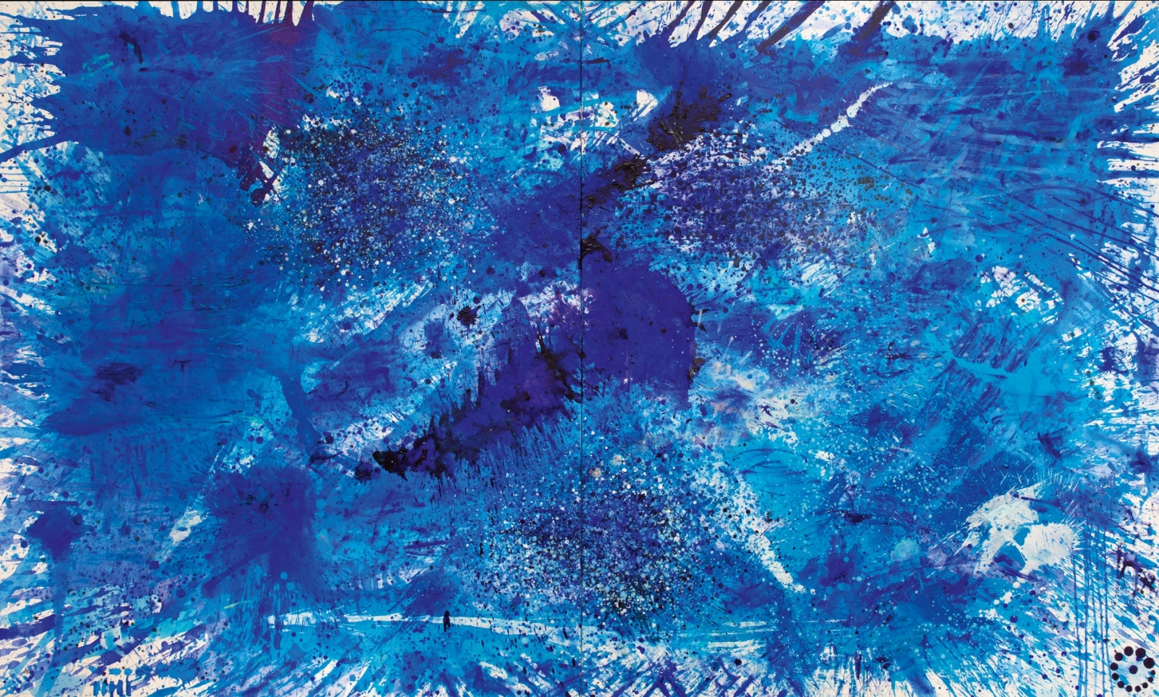 J. Steven Manolis, BlueLand Splash (Feminine), 2016, Acrylic painting on canvas, 72 x 120 inches, Extra large Wall Art, Blue Abstract Art for sale at Manolis Projects Art Gallery, Miami, Fl