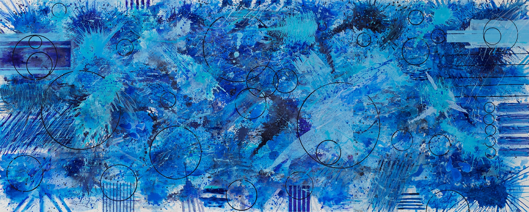 J. Steven Manolis, BlueLand-Splash painting, 2018, 72 x 180 inches, Acrylic painting on canvas, Extra large Wall Art, Blue Abstract Art for sale at Manolis Projects Art Gallery, Miami, Fl