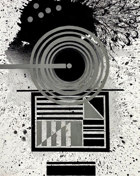 J. Steven Manolis,  Black & White (Concentric) 2020, 40 x 30 inches, Acrylic and Latex Enamel on Canvas, Large Black and White Wall Art, Abstract expressionism art for sale at Manolis Projects Art Gallery, Miami, Fl