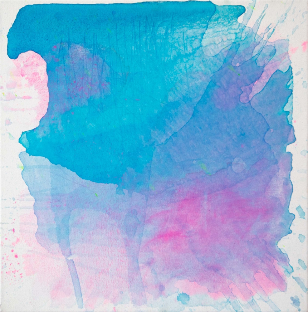 J. Steven Manolis' Light blue and pink abstract wall art, "Sunset Pink & Blue (Light movements) 1," 2022, Acrylic on canvas, 24 x 24 inches, available for sale at manolis projects gallery, Miami, Florida