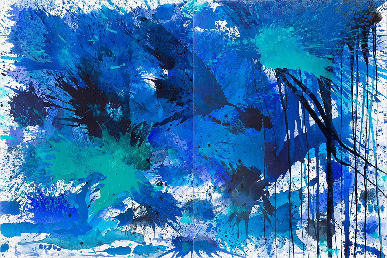 J. Steven Manolis, BlueLand Splash, 2015, Acrylic painting on canvas, 48 x 72 inches, Extra large Wall Art, Blue Abstract Art for sale at Manolis Projects Art Gallery, Miami, Fl