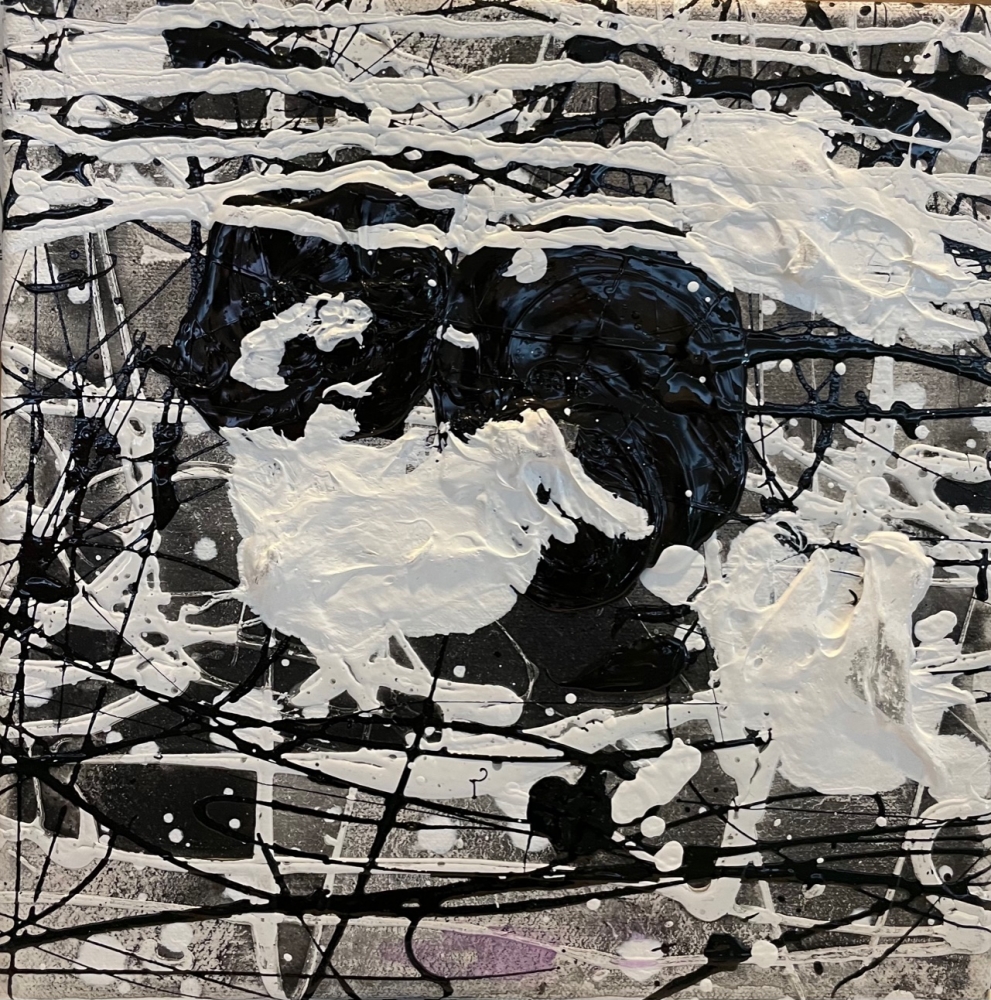J. Steven Manolis, Black & White, 10.10.21, 2019, Acrylic and Latex Enamel on canvas, 10 x 10 inches, Black and White Abstract painting, Abstract expressionism paintings for sale at Manolis Projects Art Gallery, Miami, Fl