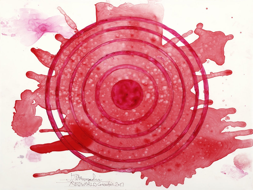 J. Steven Manolis, Redworld-Concentric, 2017, watercolor on arches paper, 10 x 14 inches, Red Abstract Painting, Abstract expressionism art for sale at Manolis Projects Art Gallery, Miami, Fl