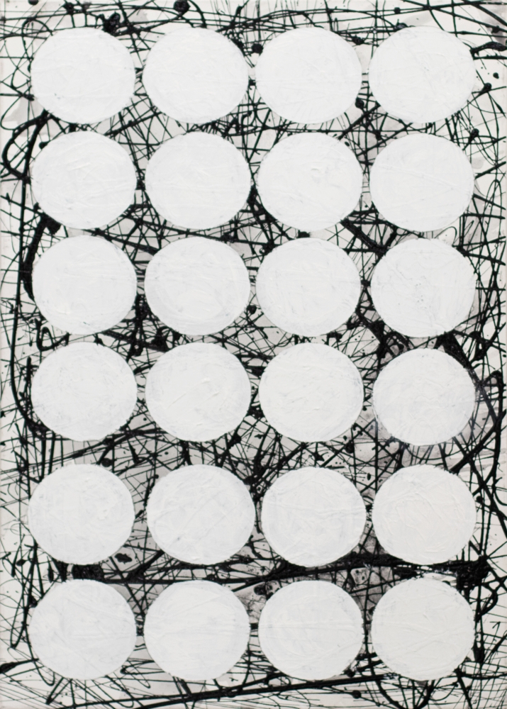 J. Steven Manolis,  BLACK & WHITE (white GRAPHIC) 2020, 48”H X 36”W, Acrylic and latex on canvas, for sale