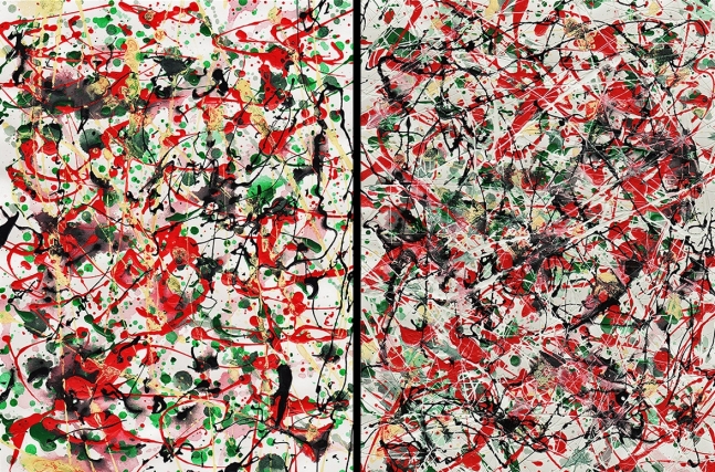 J. Steven Manolis, Chaos Red, Green & Black-2002.1&2, enamel and oil on paper, 12 x 18 inches (Diptych), For sale at Manolis Projects Art Gallery, Miami Fl