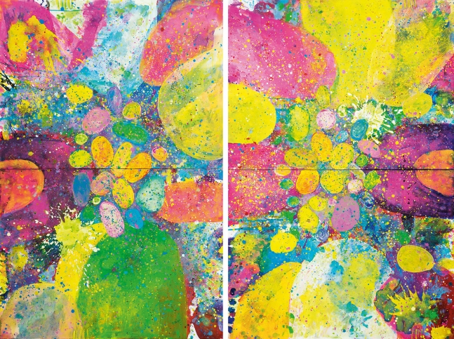 J. Steven Manolis, Orbs 2016, Diptych, 72 x 96 inches, Acrylic painting on canvas, Colorful Abstract painting, Abstract expressionism art For sale at Manolis Projects Art Gallery, Miami Fl