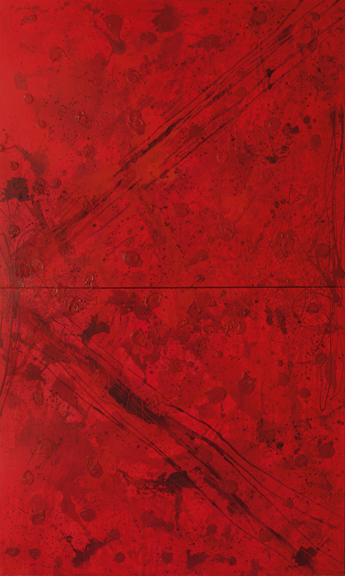 J. Steven Manolis, REDWORLD Feminine, 2016,  Acrylic and Latex Enamel on Canvas, 120 x 72 inches, Red Abstract Art, Large Abstract Wall Art for sale at Manolis Projects Art Gallery, Miami, Fl