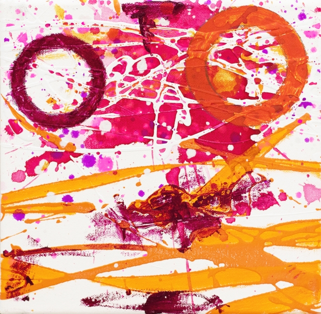 J. Steven Manolis, Flamingo 10.10.04, 2020, acrylic painting on canvas, 10 x 10 inches, Pink and Orange Abstract Art, Abstract expressionism art for sale at Manolis Projects Art Gallery, Miami, Fl
