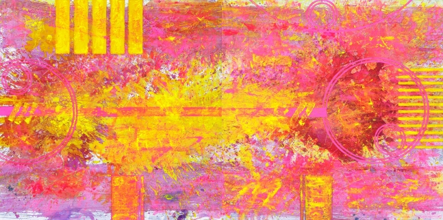 J. Steven Manolis, Biscayne Bay (Sunrise) 2019, Acrylic and Latex enamel on canvas, 48 x 96 inches, pink abstract art