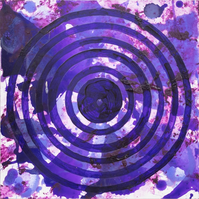 J. Steven Manolis, PurpleField (Concentric), 2020, Acrylic on woodblock, 12 x 12 inches, purple abstract expressionism art