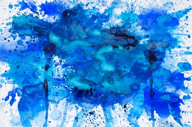 J. Steven Manolis, Splash-Key West (12.16.02), 2016, Watercolor, Acrylic and Gouache on paper, 12 x 16 inches, blue abstract expressionism art