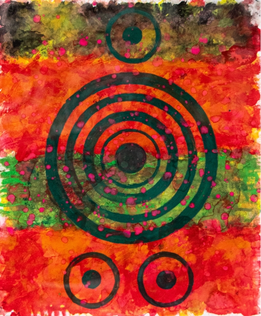 J. Steven Manolis, REDWORLD Concentric, 2016.01, 17Hx14W, Watercolor, Goauche & Acrylic on Arches Paper, Red Abstract Painting, Red Abstract wall art  for sale at Manolis Projects Art Gallery, Miami, Fl