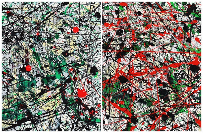 J. Steven Manolis, Chaos Red, Green, Black, Grey & Vanilla-2002.1&2, enamel and oil on paper, 11.75 x 18 inches, For sale at Manolis Projects Art Gallery, Miami Fl