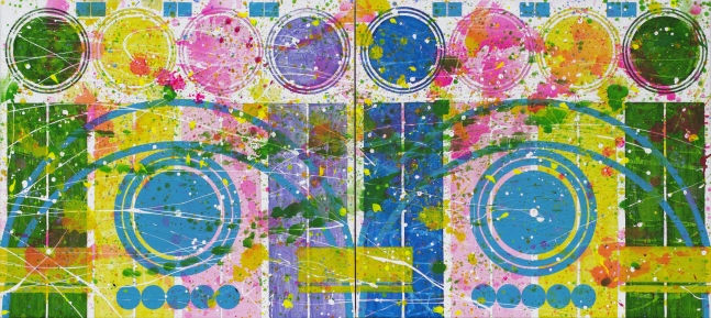 J. Steven Manolis, Orbs, 2018, Acrylic painting on canvas, 47 x 102.5 inches, Colorful Abstract painting, Abstract expressionism art For sale at Manolis Projects Art Gallery, Miami Fl