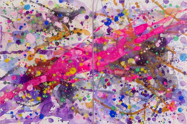 J. Steven Manolis, Pink Lightning 2014.01, watercolor and gouache on paper, diptych, 16 x 24 inches, 21 x 31 inches framed, Tropical Watercolor paintings, Miami Wall Art For sale at Manolis Projects Art Gallery, Miami Fl