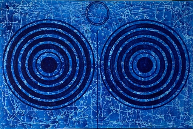 J. Steven Manolis, Splash (Concentric), 2018, Acrylic painting on canvas, 60 x 72 inches, Extra large Wall Art, Blue Abstract Art for sale at Manolis Projects Art Gallery, Miami, Fl