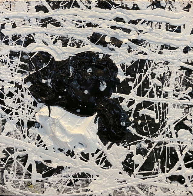 J. Steven Manolis, black & white, 10.10.05, Acrylic and latex enamel on canvas, 10 x 10 inches, Black and White Abstract painting, Abstract expressionism art for sale at Manolis Projects Art Gallery, Miami, Fl